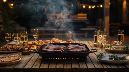 Wall Mural - A vibrant outdoor barbecue scene with grilled sausages and various dishes on a wooden table.