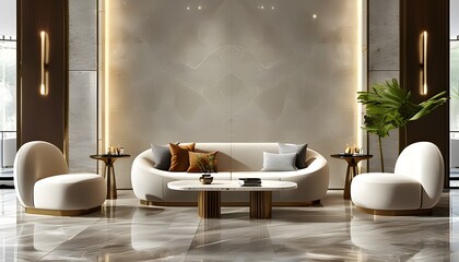 Wall Mural - Elegant 3D luxury hotel lounge with contemporary furnishings, bright daylight illuminating marble floors, stylish sofas, and inviting atmosphere for guests and business gatherings.