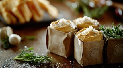 Poster - Gourmet food presentation featuring rolled pasta with herbs and cheese on a rustic table.