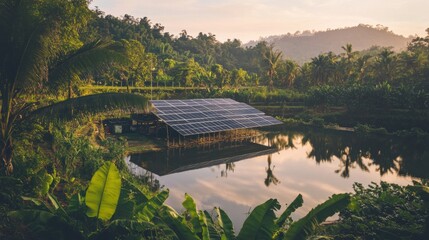 Wall Mural - A serene landscape featuring solar panels over water, promoting renewable energy.