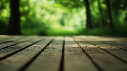 Poster - A wooden deck in a lush green forest, inviting exploration and tranquility.