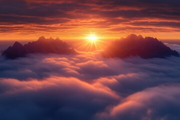 Sticker - A breathtaking sunrise over mountains, casting light through clouds.