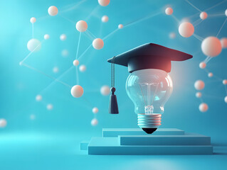 Sticker - Futuristic smart education with bachelor cap and light bulb on blue background. AI generated image