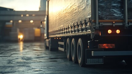 Wall Mural - A close-up view of a truck in an industrial setting during sunset.