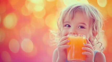 Poster - A joyful child holding a glass of orange juice against a colorful, blurred background.