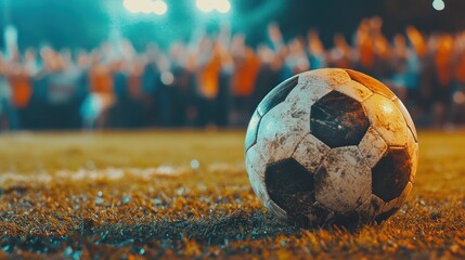 Poster - A close-up of a worn soccer ball on grass, with a crowd cheering in the background.