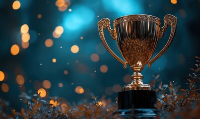 Wall Mural - golden trophy award bokeh soft blue background