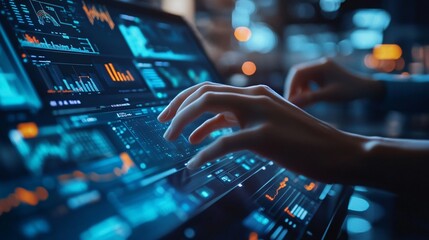 A close up of hands interacting with a screen displaying a digital interface and graphs.