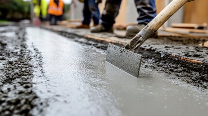 Poster - A worker smoothing fresh concrete with a trowel on a construction site.