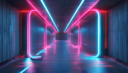 Wall Mural - Futuristic cyberpunk corridor with neon lights and concrete textures, showcasing advanced technology and a glowing metaverse atmosphere