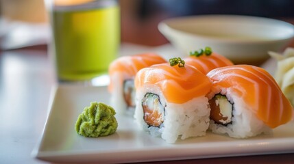 Sticker - A plate of sushi featuring salmon rolls and wasabi, accompanied by green tea.