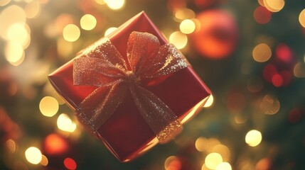 Canvas Print - A beautifully wrapped red gift box adorned with a golden ribbon, set against a festive background.