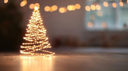 Illuminated Christmas tree with warm lights on a wooden floor, blurred background.