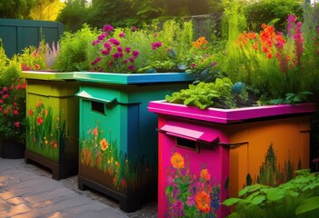 vibrant colorful compost bins placed lush urban garden creating bright eco friendly environment, plants, greenery, nature, sustainability, soil, recycling