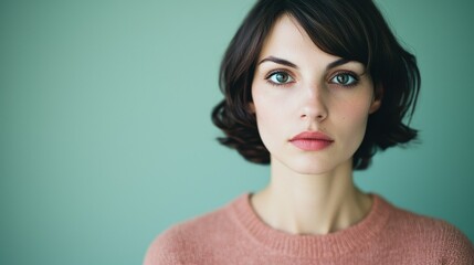 Portrait of a woman with a serious expression against a green backdrop.