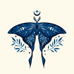 Wall Mural - Blue moth vector illustration. Magic moon, occult, print, poster, tattoo.