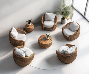 Wall Mural - A cozy seating arrangement with woven chairs, cushions, and a central table on a rug.