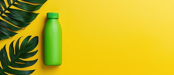 Canvas Print - Bright green bottle with tropical leaves on vibrant yellow background.