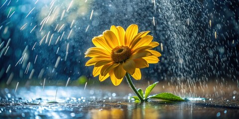 Wall Mural - Drenched in rain, a brilliant yellow flower stands in quiet elegance, its vivid petals shimmering, revealing the raw beauty and emotion found in nature's delicate moments.