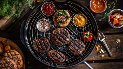 Canvas Print - A delicious spread of grilled burgers with various condiments and toppings on a barbecue grill.