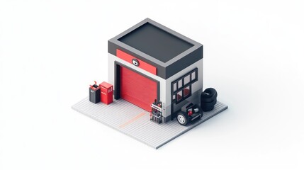 Canvas Print - A small, modern garage with a red door, tools, and tires, designed for vehicle maintenance.