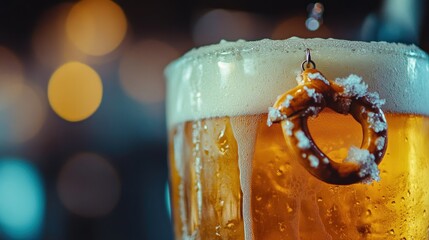 Poster - A close-up of a beer glass with a pretzel garnish, highlighting a festive drink experience.