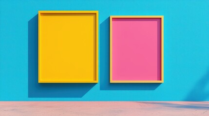Wall Mural - Colorful empty frames on a vibrant blue background, modern and artistic, ideal for showcasing designs.