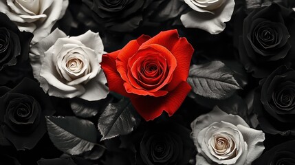 Poster - A vibrant red rose stands out among monochrome black and white roses, symbolizing uniqueness.