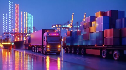 Canvas Print - A vibrant port scene with trucks and shipping containers at dusk.