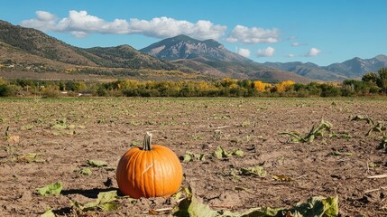 Wall Mural - Pumpkin in a field with mountains in the background during fall season