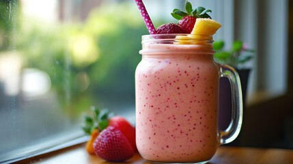 Sticker - A refreshing fruit smoothie in a jar with berries and a straw, set against a sunny window.