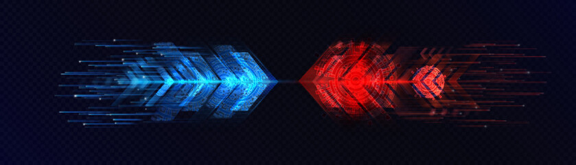 Leinwandbilder - Direction of light arrow, opposition of two forces. Template of light arrow of blue and red glow to determine direction. Vector on transparent background