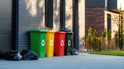 Different types of garbage bags and waste bin,recycling and separate waste collection concept,Set of red green,blue buckets for trash with sign arrow,full waste bin at clean modern house.