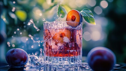 Sticker - A refreshing cocktail with splashes, garnished with fruit, set against a blurred green background.