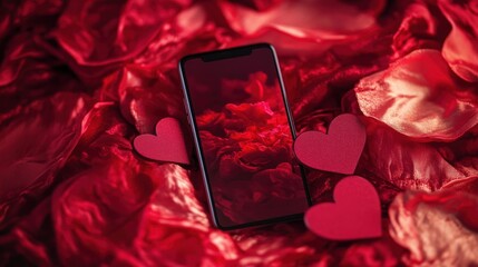 Poster - A smartphone surrounded by red rose petals and heart shapes, evoking romance and love.