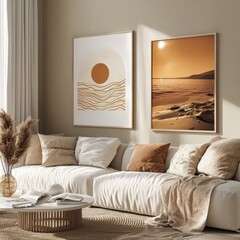 Wall Mural - Modern Living Room Interior with Framed Poster on Beige Wall