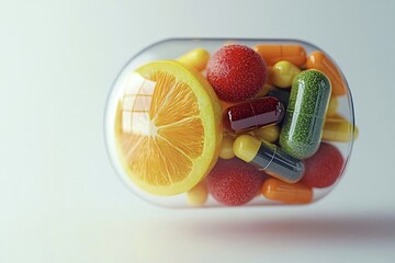 Wall Mural - Orange slice and various pills are filling up a transparent pill capsule, suggesting the concept of vitamins and supplements. The image is brightly lit and uses a white background