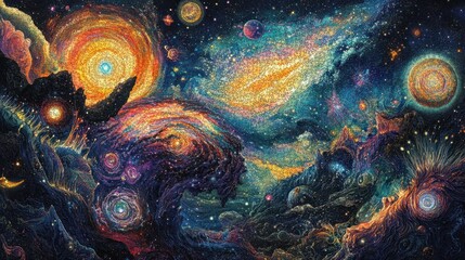 Wall Mural - a vibrant cosmic scene depicting swirling galaxies, stars, and celestial bodies.