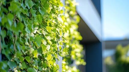 Poster - A close-up of vibrant green leaves climbing a modern building's exterior.