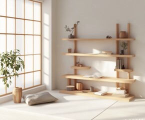 Poster - Minimalist interior with wooden shelves and natural light, creating a serene atmosphere.