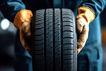 Mechanic inspects a car tire in a busy repair shop, showcasing precision and expertise in auto maintenance. Hands focused on safety and detail, worn tread hints at replacement need