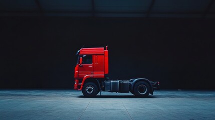 Canvas Print - A side view of a red truck in a dimly lit industrial space.