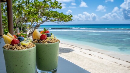 Wall Mural - Tropical Beach Smoothies with Fresh Fruits and Granola Overlooking Ocean