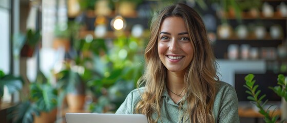 Wall Mural - Young happy businesswoman working on laptop at creative office and looking at camera