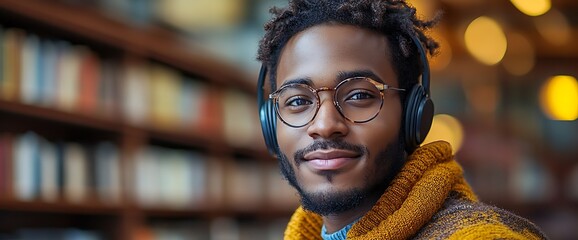 A young man with a beard, wearing glasses and headphones, smiles at the camera in a library setting.