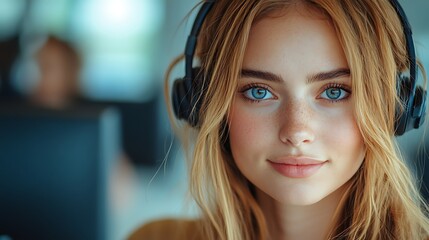 Young woman with blue eyes and headphones, looking at the camera with a friendly smile.