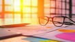 © JK_kyoto - Stylish eyeglasses on documents with colorful graphs, pen, and sunlight filtering through a window.