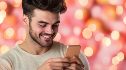 Canvas Print - A smiling young man engages with his smartphone against a blurred background of soft lights.