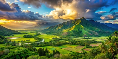 Wall Mural - A stunning panorama unfolds at Hanalei Lookout, revealing verdant valleys and towering mountains that showcase the idyllic beauty of Hawaii's natural landscape.