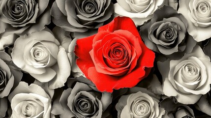 Poster - A striking red rose stands out among a background of black-and-white roses.